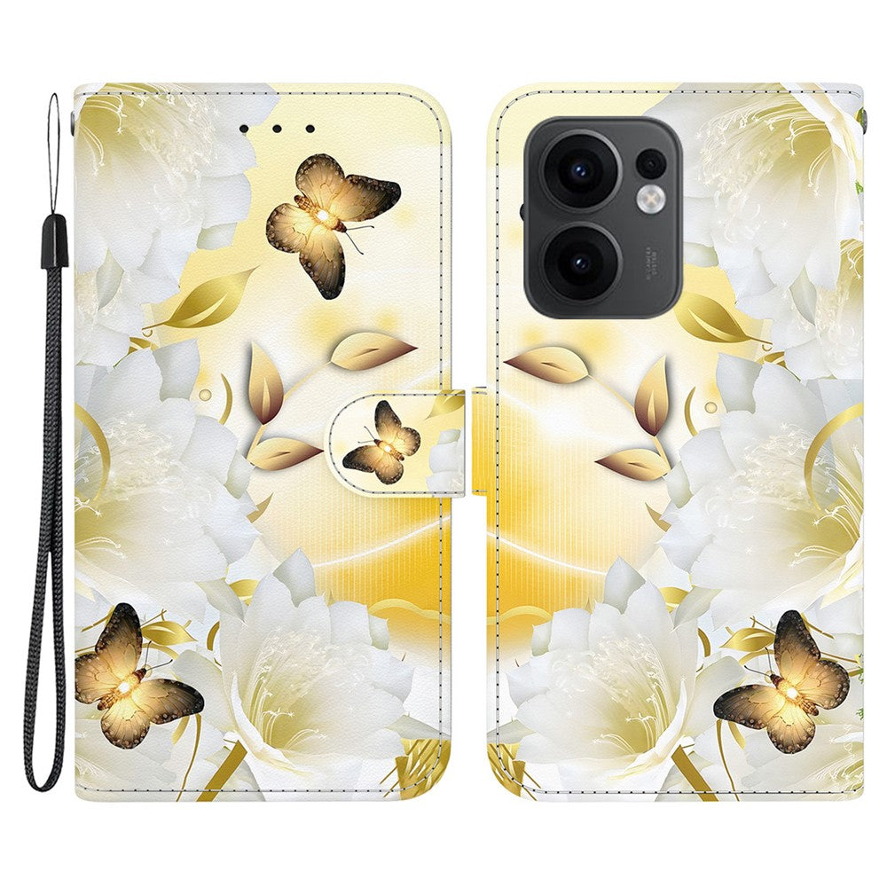 For Oppo Reno13 F 5G Wallet Phone Case Anti-Drop Leather Flip Cover Pattern Printing - Gold Butterfly Flower