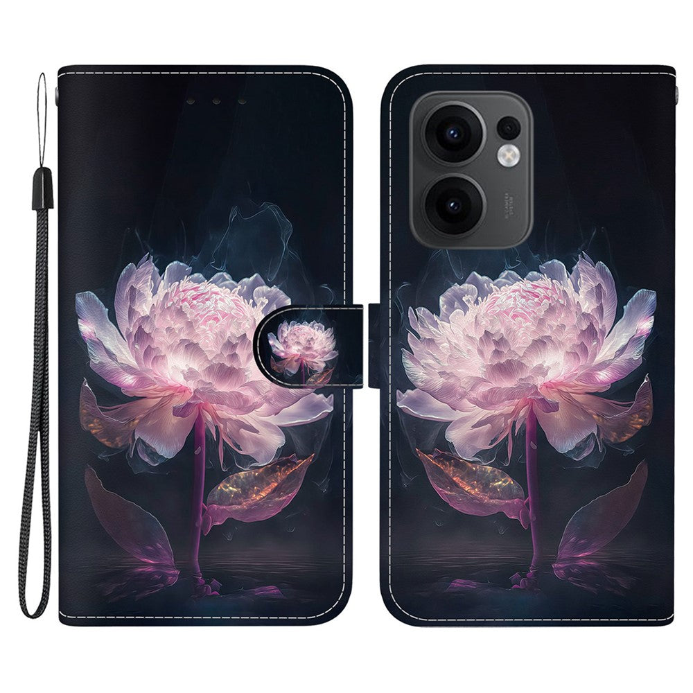 For Oppo Reno13 F 5G Wallet Phone Case Anti-Drop Leather Flip Cover Pattern Printing - Purple Peony