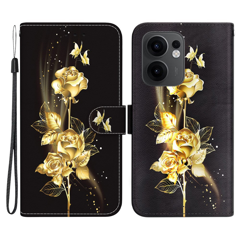 For Oppo Reno13 F 5G Wallet Phone Case Anti-Drop Leather Flip Cover Pattern Printing - Gold Butterfly Rose