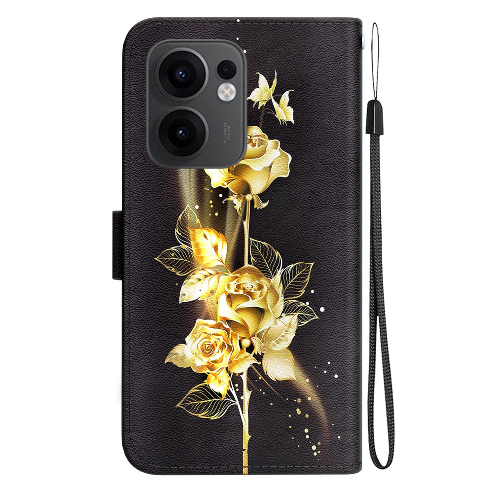 For Oppo Reno13 F 5G Wallet Phone Case Anti-Drop Leather Flip Cover Pattern Printing - Gold Butterfly Rose