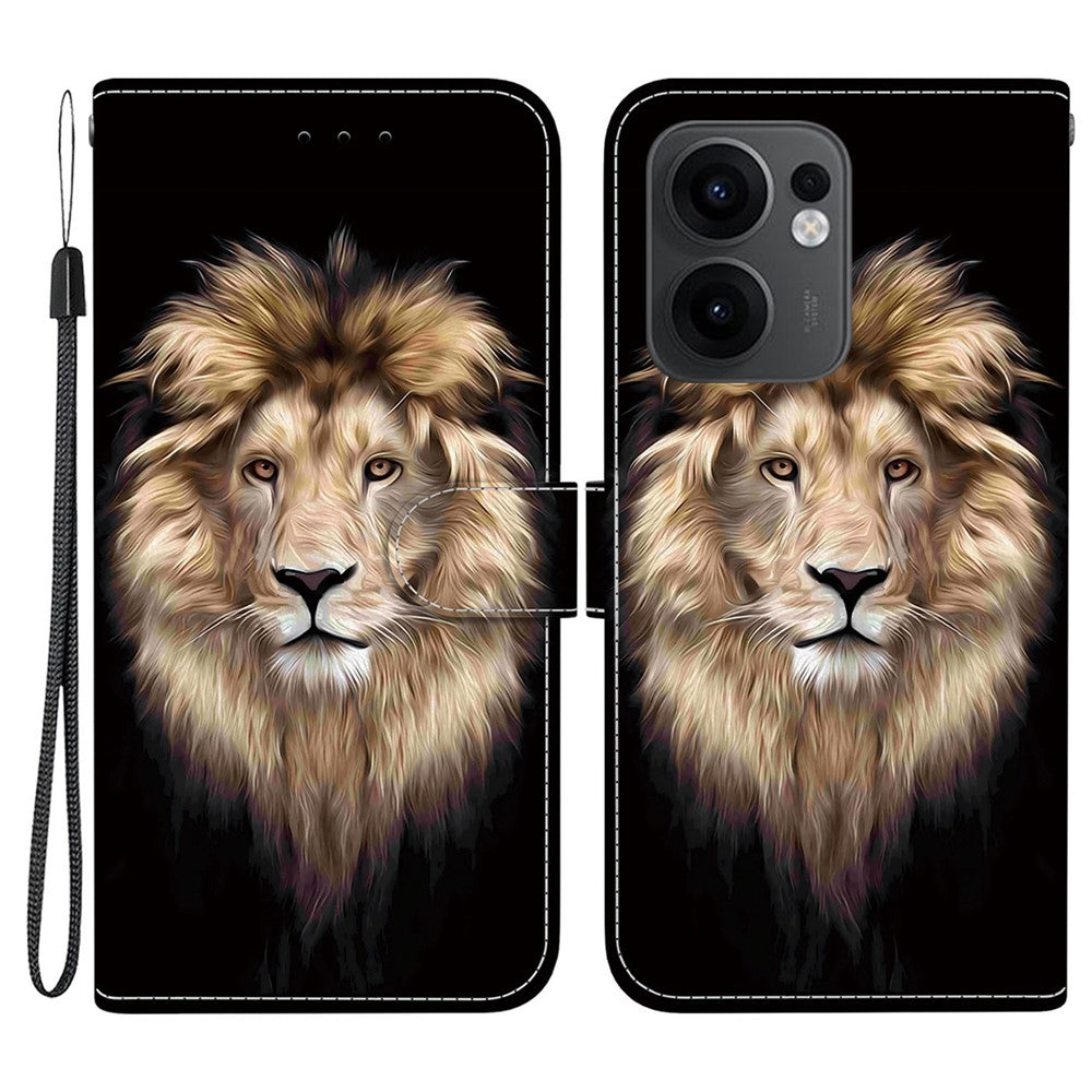 For Oppo Reno13 F 5G Case Pattern Printing Anti-Drop Leather Flip Wallet Phone Cover with Lanyard - Lion Head