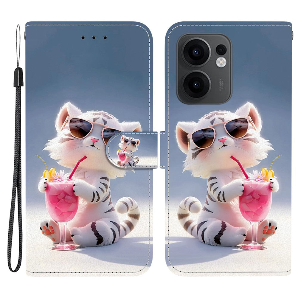 For Oppo Reno13 F 5G Case Pattern Printing Anti-Drop Leather Flip Wallet Phone Cover with Lanyard - Cartoon Tiger
