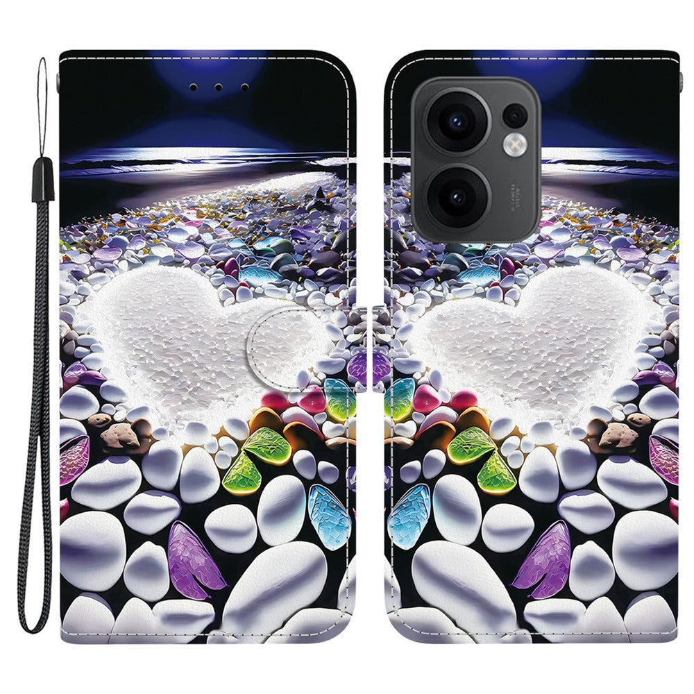 For Oppo Reno13 F 5G Case Pattern Printing Anti-Drop Leather Flip Wallet Phone Cover with Lanyard - Heart Shape