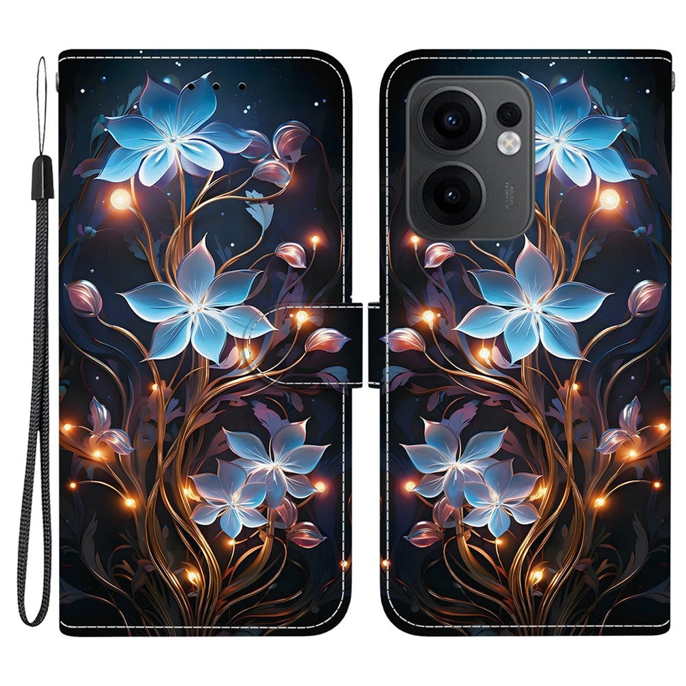 For Oppo Reno13 F 5G Case Pattern Printing Anti-Drop Leather Flip Wallet Phone Cover with Lanyard - Small Lantern Flower