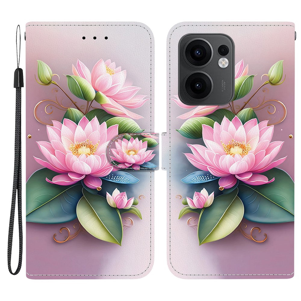 For Oppo Reno13 F 5G Case Pattern Printing Anti-Drop Leather Flip Wallet Phone Cover with Lanyard - Lotus