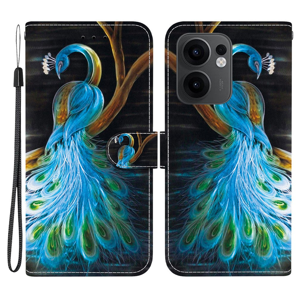 For Oppo Reno13 F 5G Case Pattern Printing Anti-Drop Leather Flip Wallet Phone Cover with Lanyard - Peacock