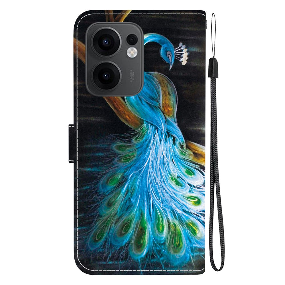 For Oppo Reno13 F 5G Case Pattern Printing Anti-Drop Leather Flip Wallet Phone Cover with Lanyard - Peacock