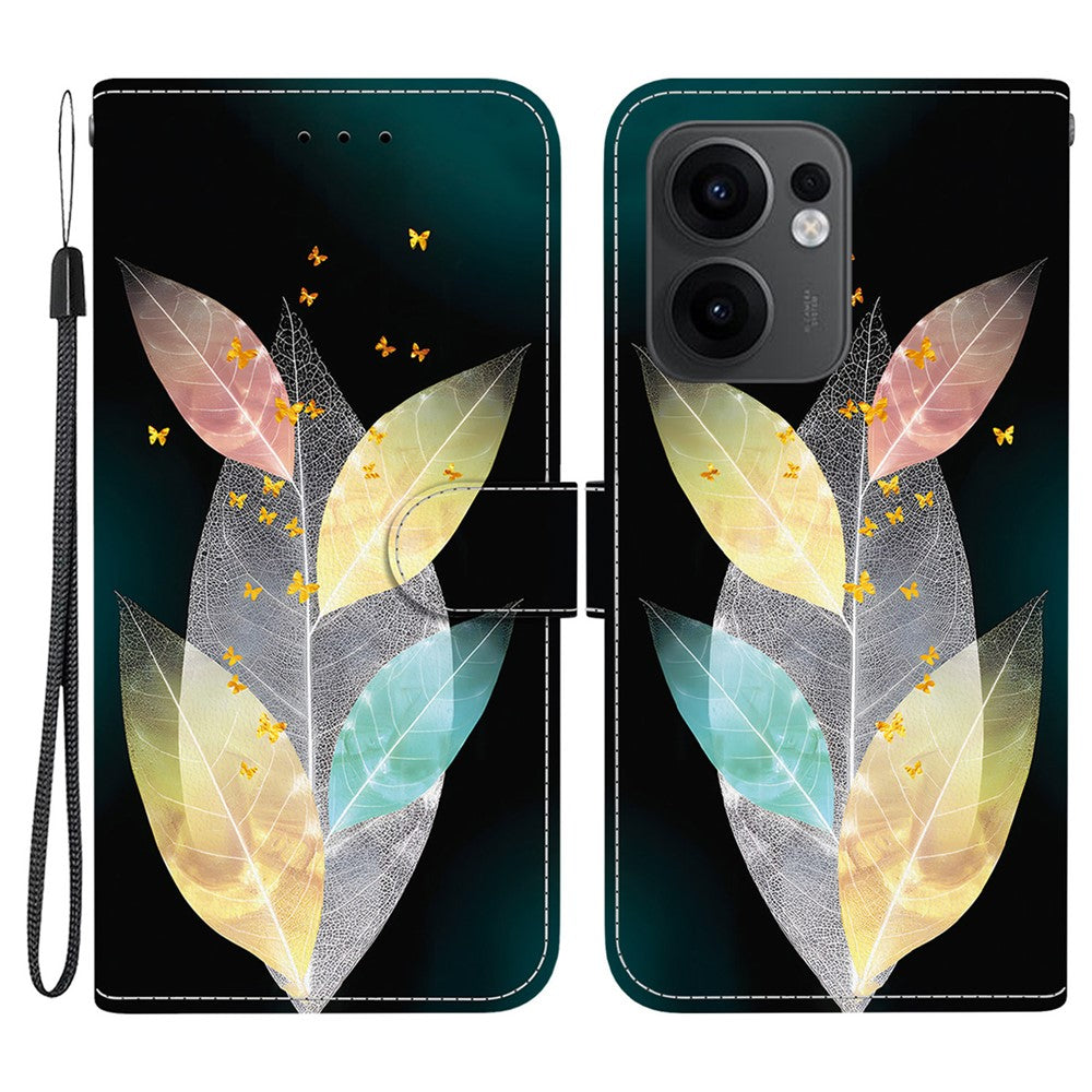 For Oppo Reno13 F 5G Case Pattern Printing Anti-Drop Leather Flip Wallet Phone Cover with Lanyard - Colored Leaves