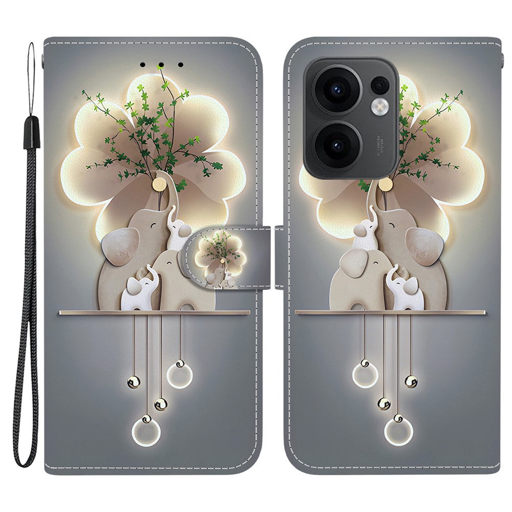 For Oppo Reno13 F 5G Case Pattern Printing Anti-Drop Leather Flip Wallet Phone Cover with Lanyard - Three Elephants