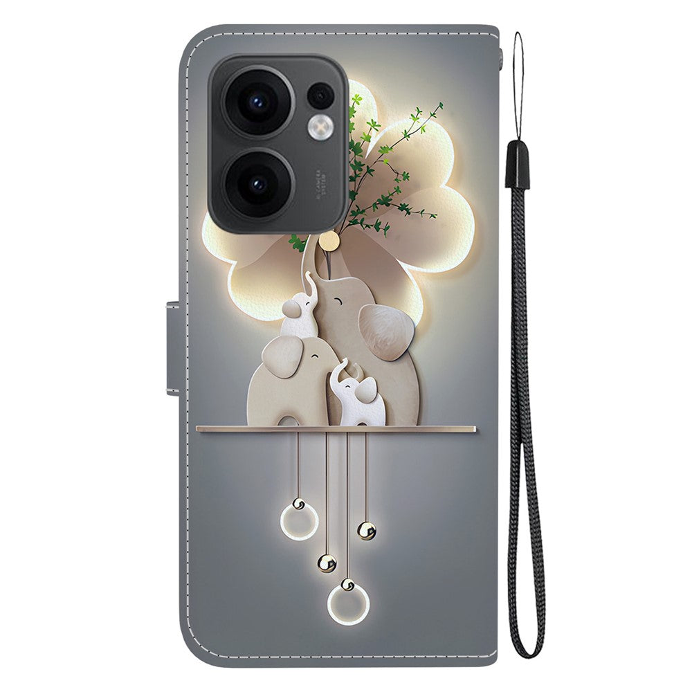 For Oppo Reno13 F 5G Case Pattern Printing Anti-Drop Leather Flip Wallet Phone Cover with Lanyard - Three Elephants