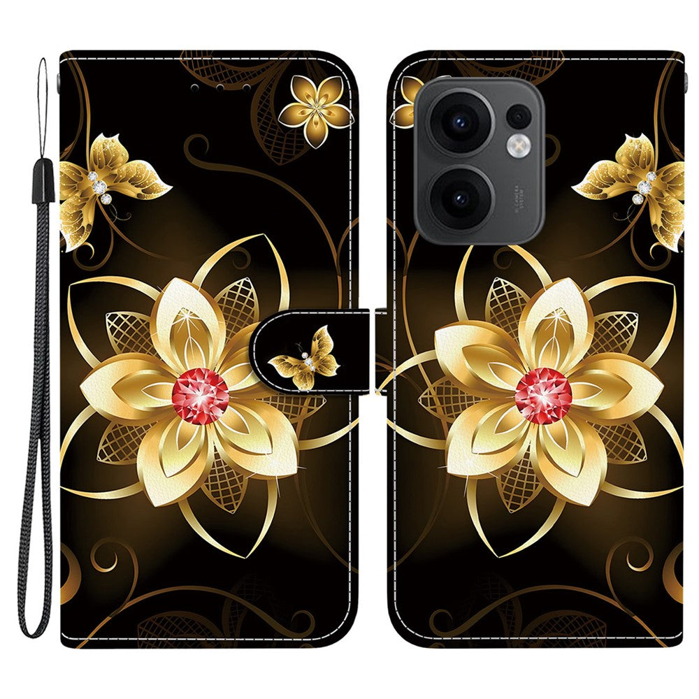 For Oppo Reno13 F 5G Case Pattern Printing Anti-Drop Leather Flip Wallet Phone Cover with Lanyard - Golden Flower