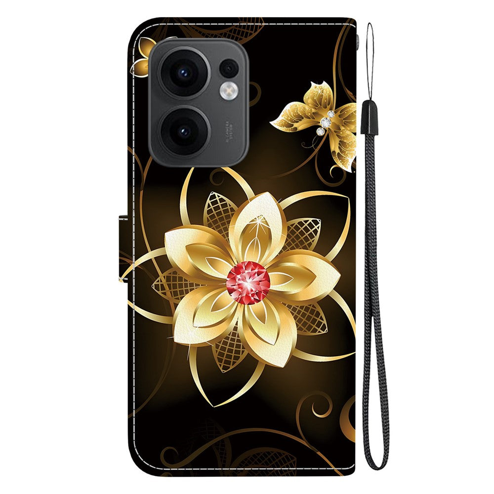 For Oppo Reno13 F 5G Case Pattern Printing Anti-Drop Leather Flip Wallet Phone Cover with Lanyard - Golden Flower