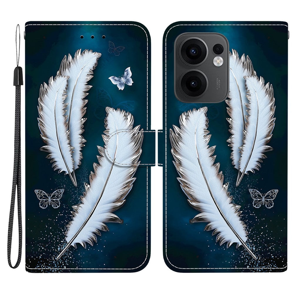 For Oppo Reno13 F 5G Case Pattern Printing Anti-Drop Leather Flip Wallet Phone Cover with Lanyard - White Butterfly Feather