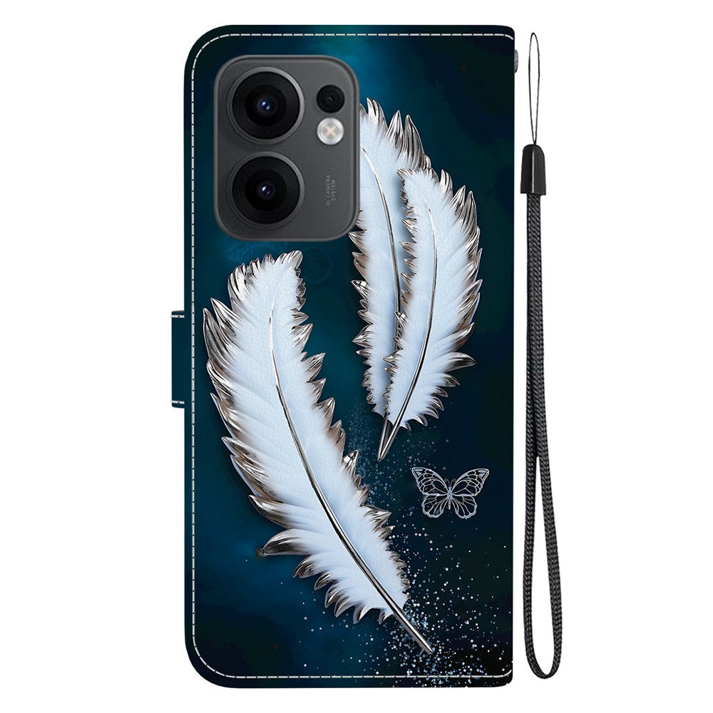 For Oppo Reno13 F 5G Case Pattern Printing Anti-Drop Leather Flip Wallet Phone Cover with Lanyard - White Butterfly Feather
