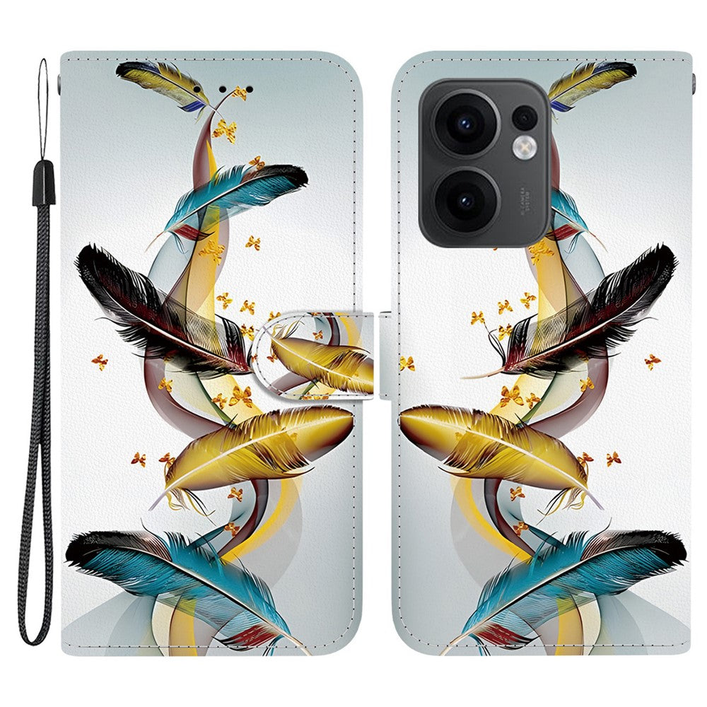For Oppo Reno13 F 5G Case Pattern Printing Anti-Drop Leather Flip Wallet Phone Cover with Lanyard - Golden Butterfly Feather