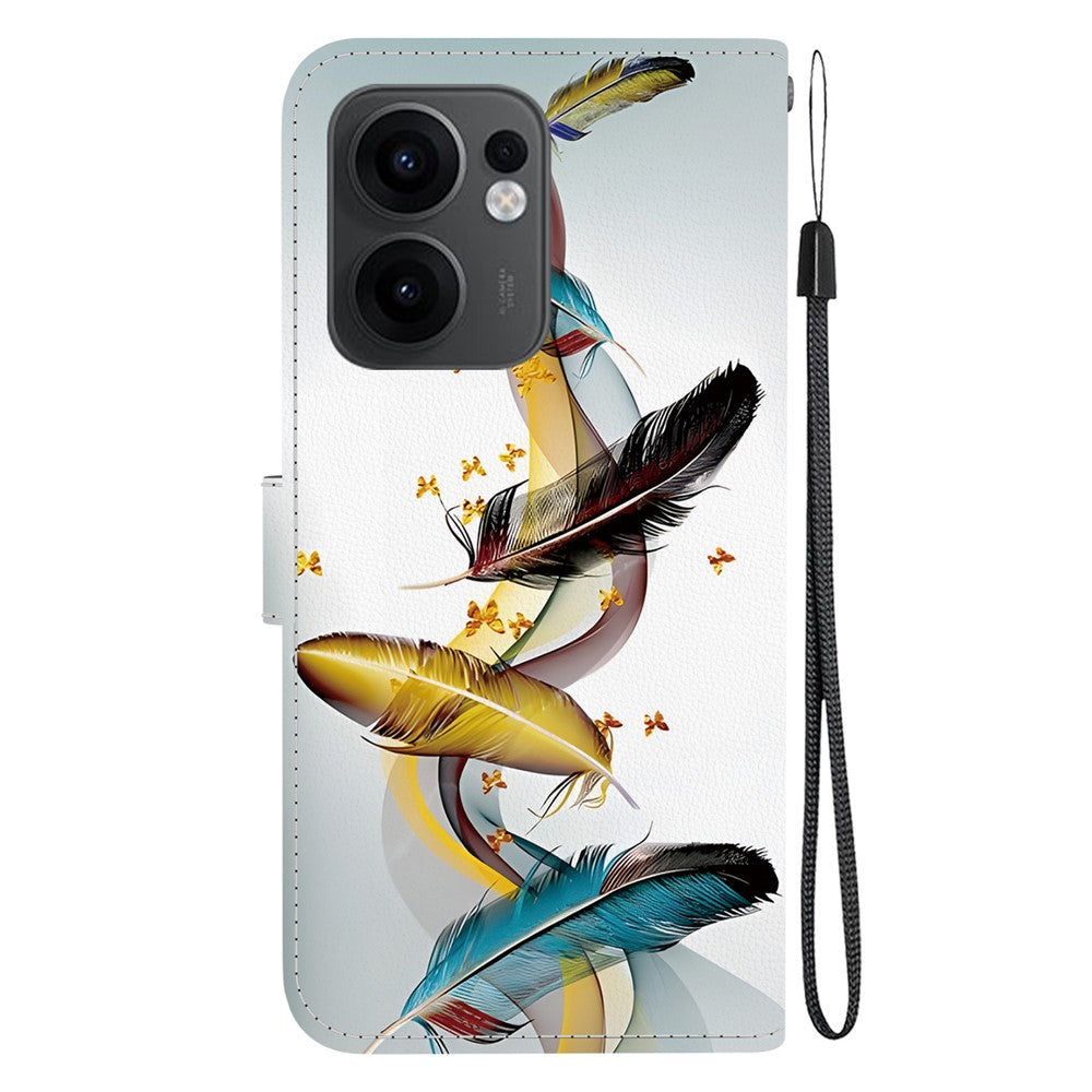 For Oppo Reno13 F 5G Case Pattern Printing Anti-Drop Leather Flip Wallet Phone Cover with Lanyard - Golden Butterfly Feather