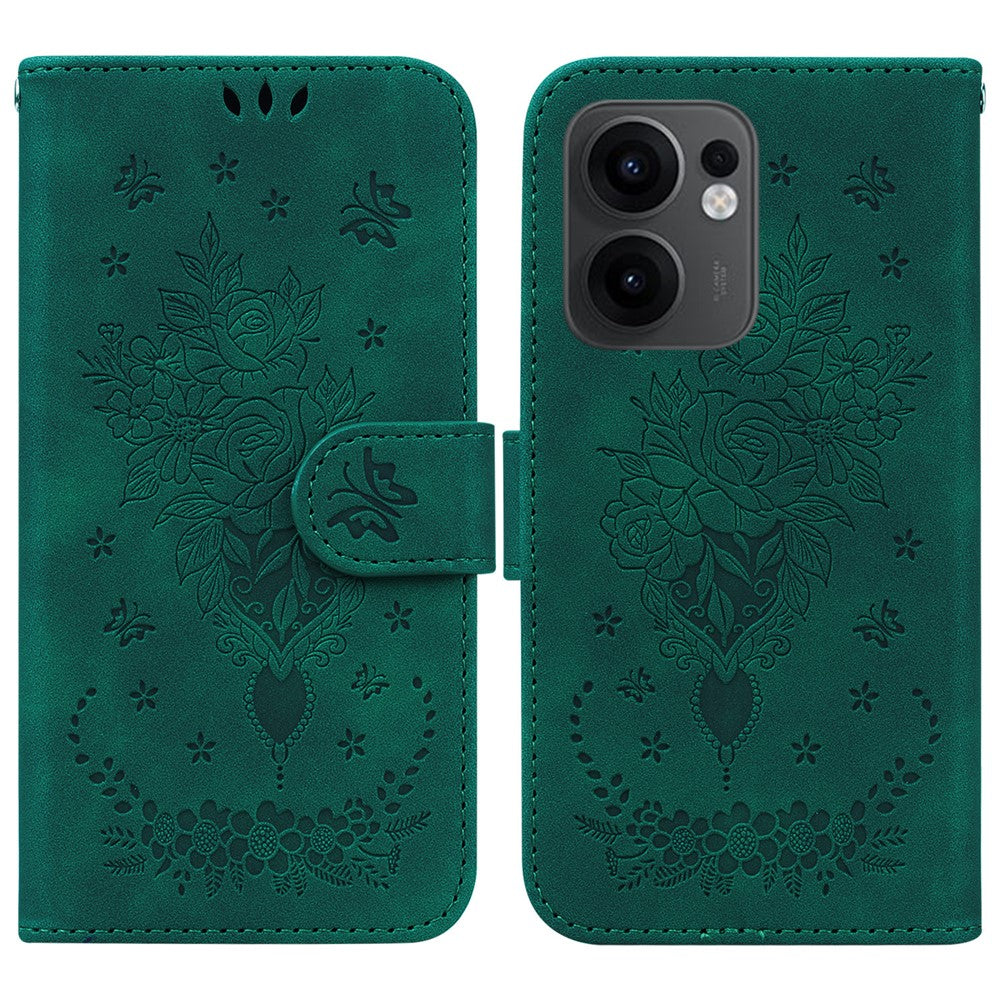 For Oppo Reno13 F 5G Case PU Leather Wallet Phone Cover Butterfly Flower Imprint - Green