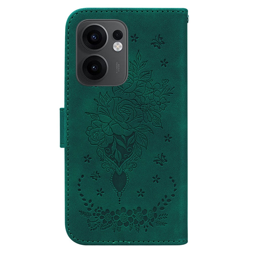 For Oppo Reno13 F 5G Case PU Leather Wallet Phone Cover Butterfly Flower Imprint - Green