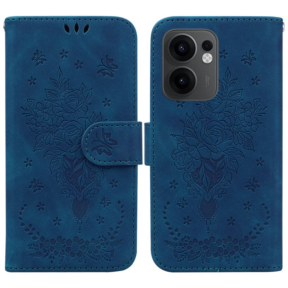 For Oppo Reno13 F 5G Case PU Leather Wallet Phone Cover Butterfly Flower Imprint - Blue