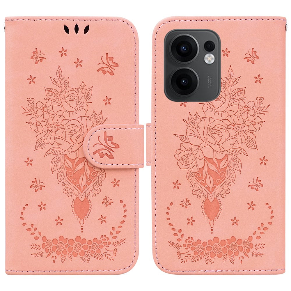 For Oppo Reno13 F 5G Case PU Leather Wallet Phone Cover Butterfly Flower Imprint - Pink