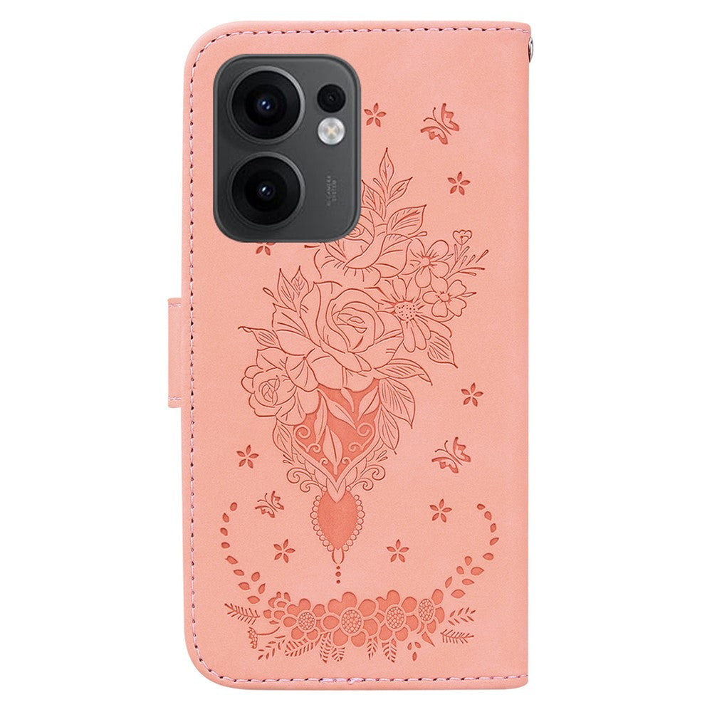 For Oppo Reno13 F 5G Case PU Leather Wallet Phone Cover Butterfly Flower Imprint - Pink