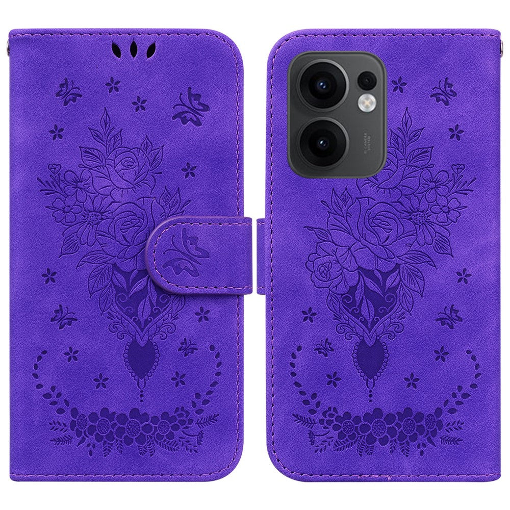 For Oppo Reno13 F 5G Case PU Leather Wallet Phone Cover Butterfly Flower Imprint - Purple
