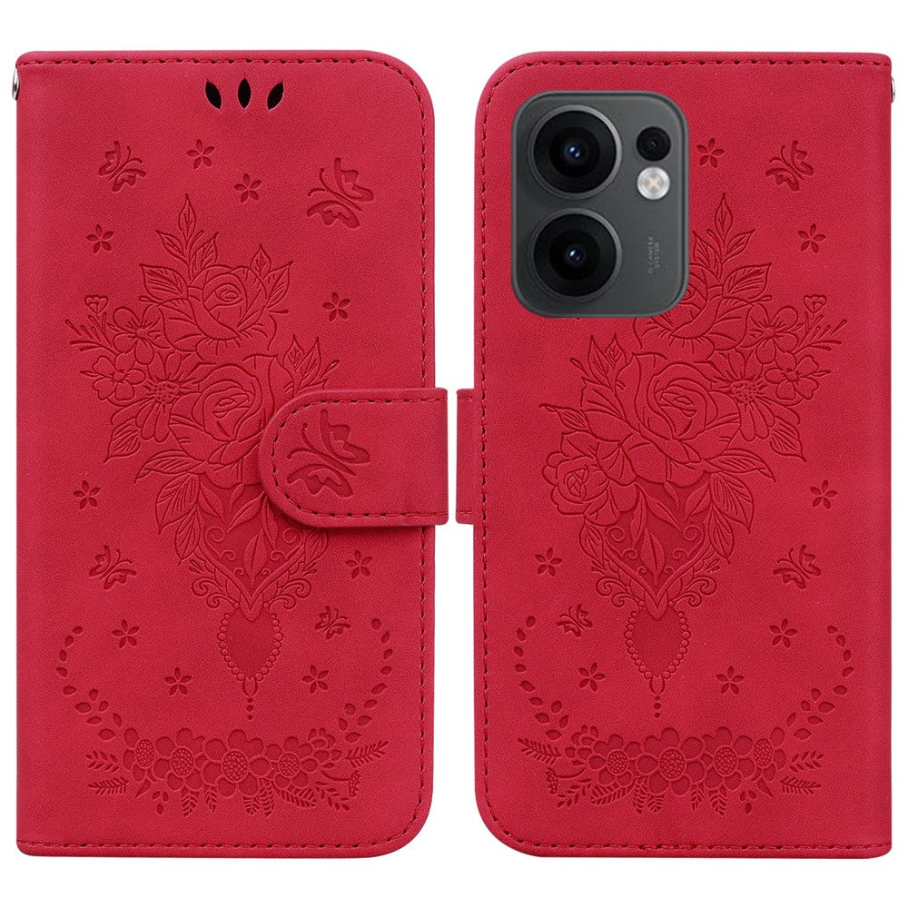 For Oppo Reno13 F 5G Case PU Leather Wallet Phone Cover Butterfly Flower Imprint - Red