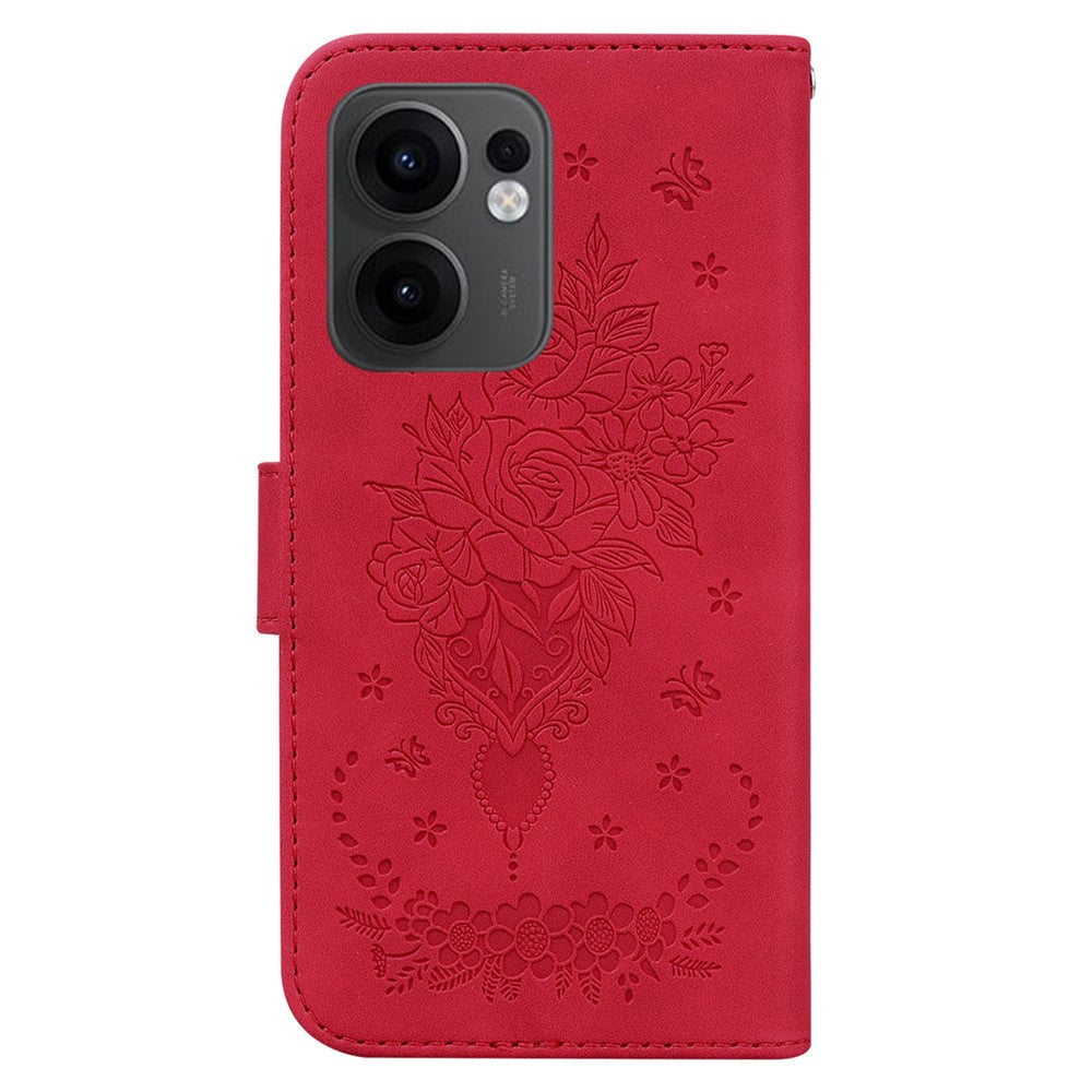 For Oppo Reno13 F 5G Case PU Leather Wallet Phone Cover Butterfly Flower Imprint - Red