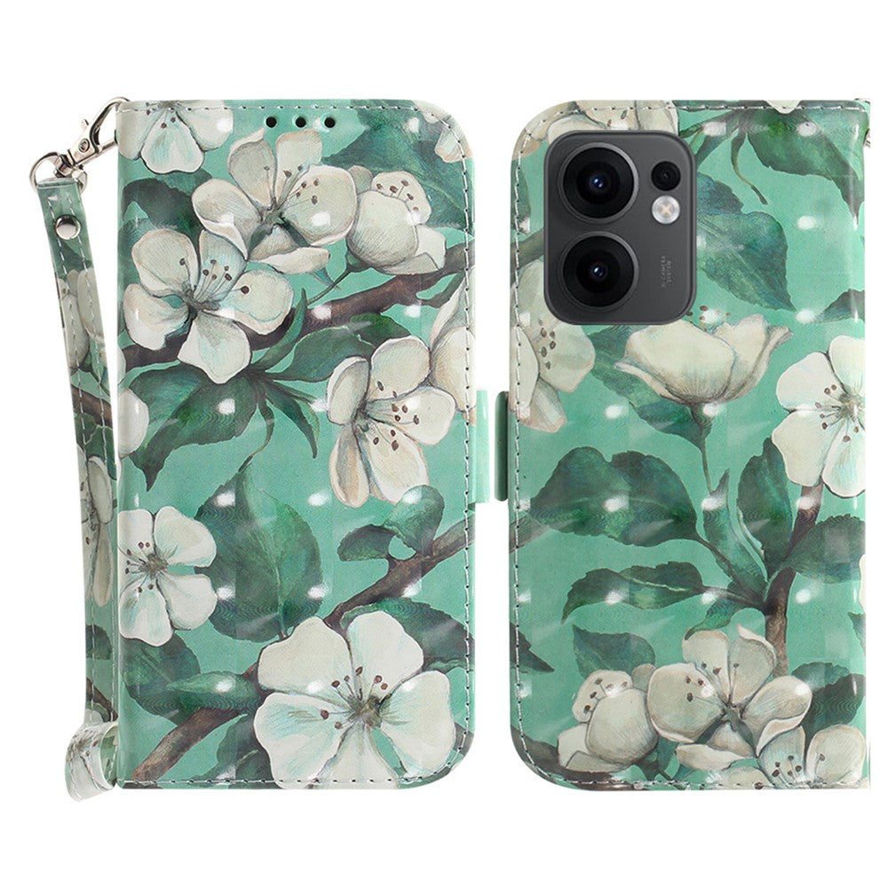 For Oppo Reno13 F 5G Case Pattern Printing Leather Wallet Phone Cover with Wrist Strap - Watercolor Flowers