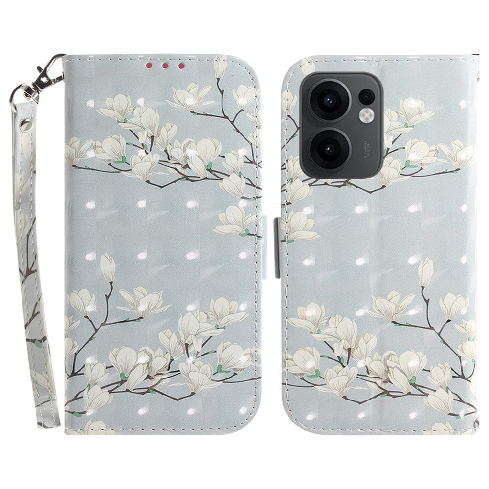 For Oppo Reno13 F 5G Case Pattern Printing Leather Wallet Phone Cover with Wrist Strap - Magnolia