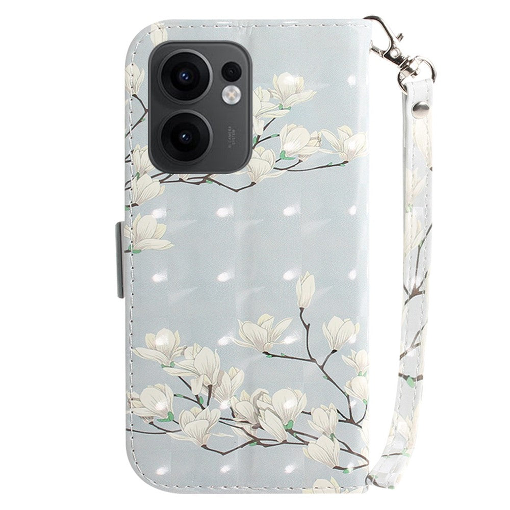 For Oppo Reno13 F 5G Case Pattern Printing Leather Wallet Phone Cover with Wrist Strap - Magnolia