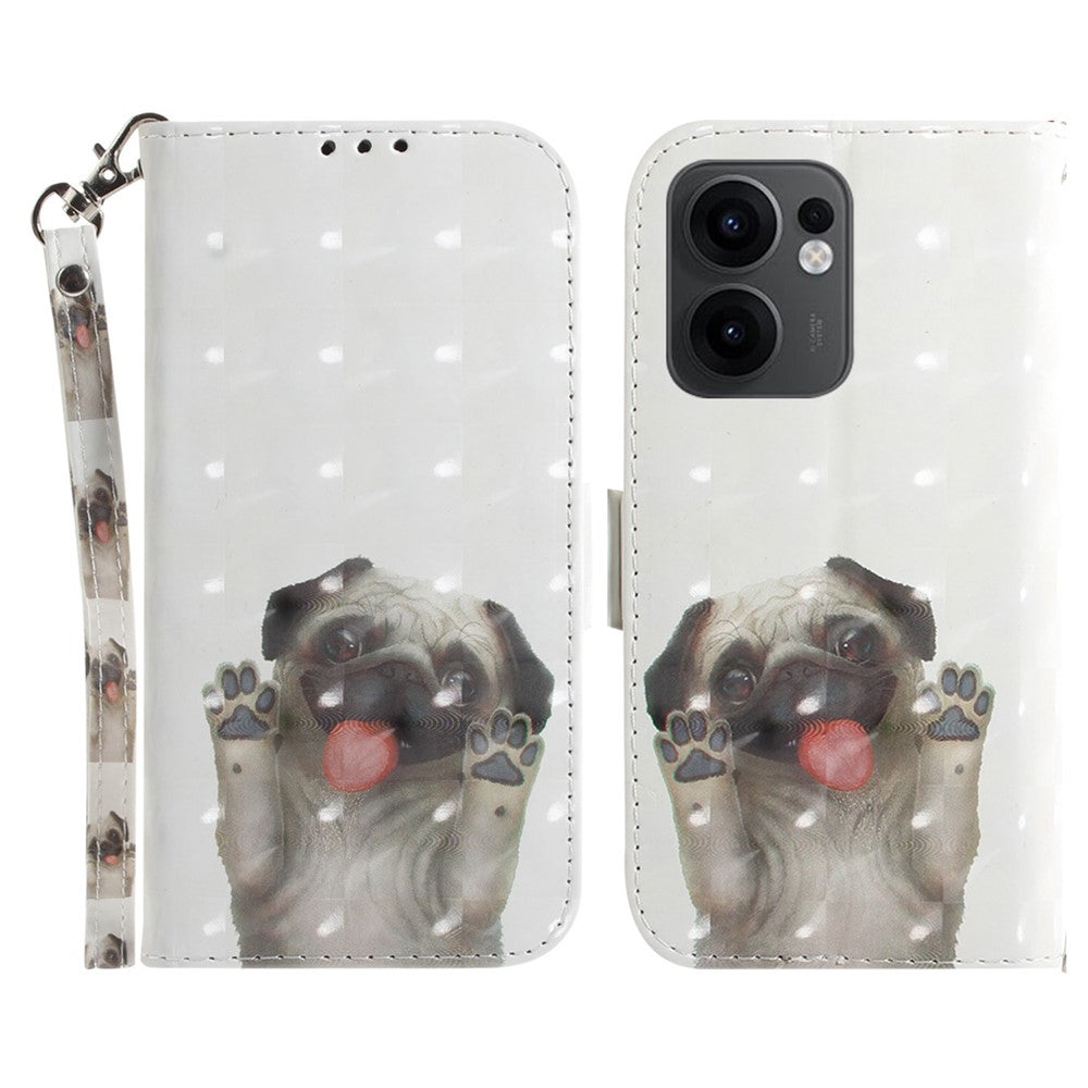 For Oppo Reno13 F 5G Case Pattern Printing Leather Wallet Phone Cover with Wrist Strap - Pug