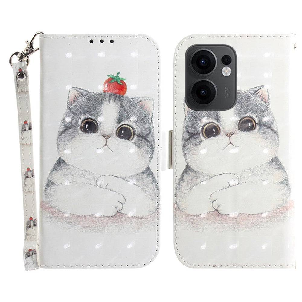 For Oppo Reno13 F 5G Case Pattern Printing Leather Wallet Phone Cover with Wrist Strap - Cute Cat