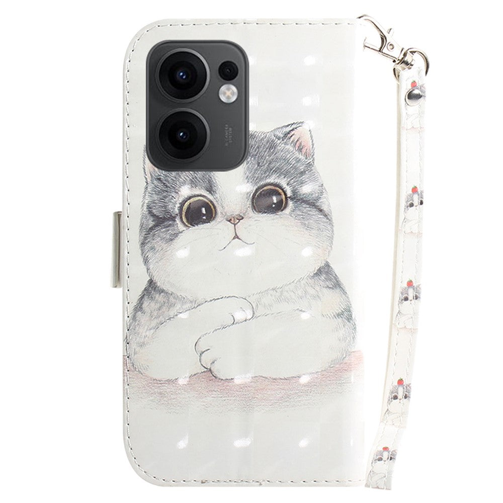 For Oppo Reno13 F 5G Case Pattern Printing Leather Wallet Phone Cover with Wrist Strap - Cute Cat