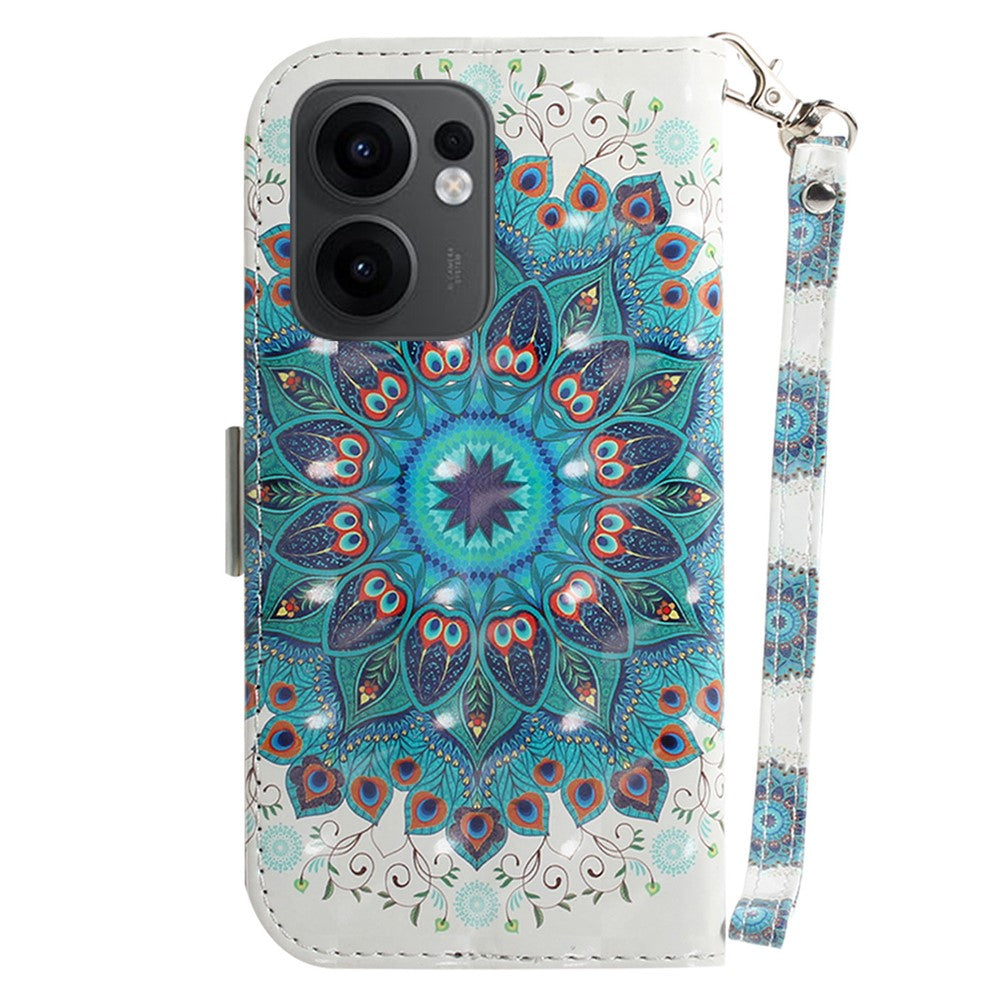 For Oppo Reno13 F 5G Case Pattern Printing Leather Wallet Phone Cover with Wrist Strap - Peacock Wreath