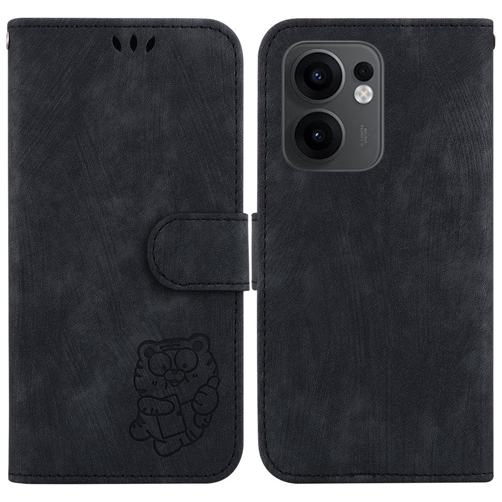 For Oppo Reno13 F 5G Wallet Case Tiger Imprint Leather Shockproof Phone Cover - Black