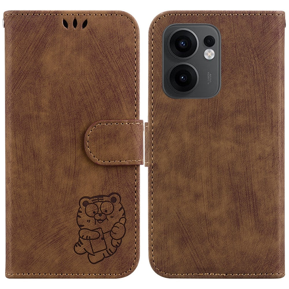 For Oppo Reno13 F 5G Wallet Case Tiger Imprint Leather Shockproof Phone Cover - Brown