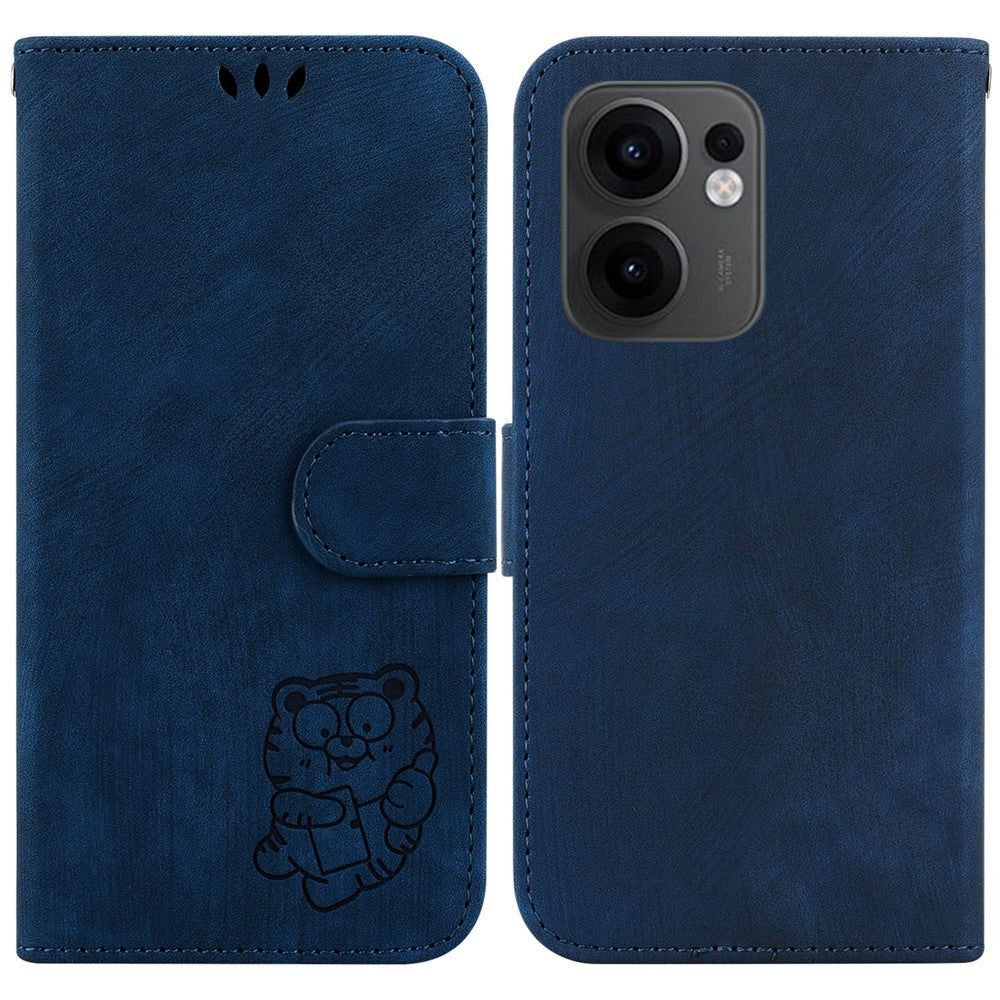For Oppo Reno13 F 5G Wallet Case Tiger Imprint Leather Shockproof Phone Cover - Dark Blue