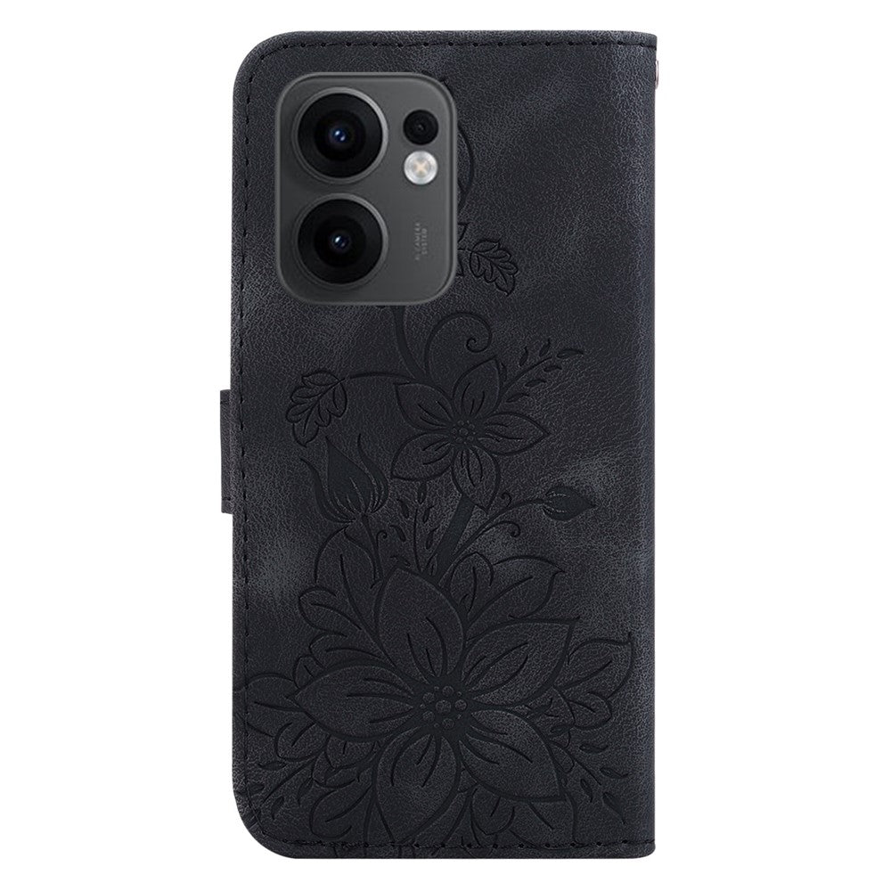 For Oppo Reno13 F 5G Case Lily Flower Imprint Leather Phone Cover with Stand - Black