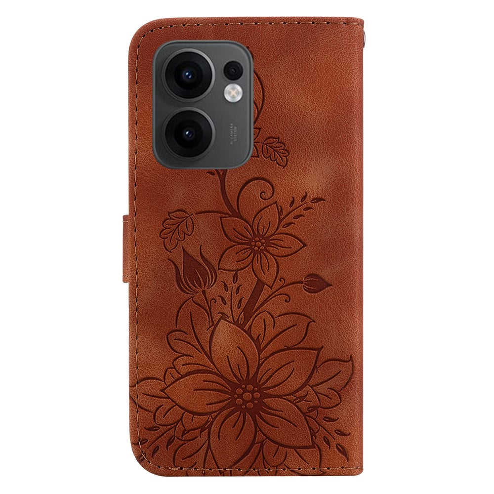 For Oppo Reno13 F 5G Case Lily Flower Imprint Leather Phone Cover with Stand - Brown