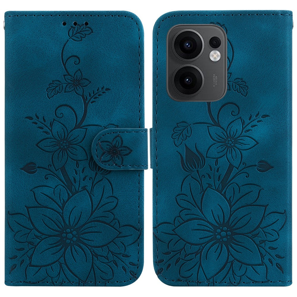 For Oppo Reno13 F 5G Case Lily Flower Imprint Leather Phone Cover with Stand - Dark Blue