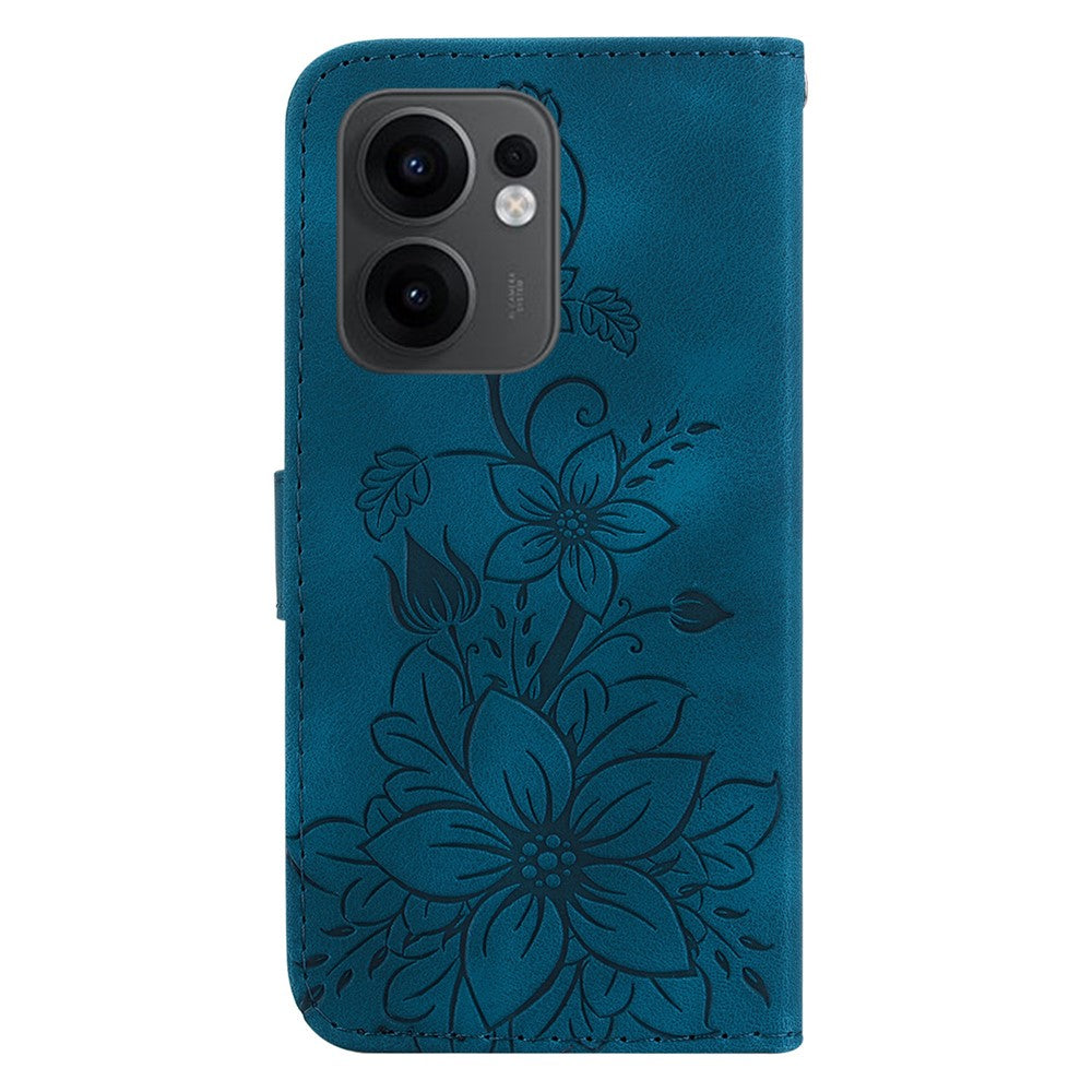 For Oppo Reno13 F 5G Case Lily Flower Imprint Leather Phone Cover with Stand - Dark Blue
