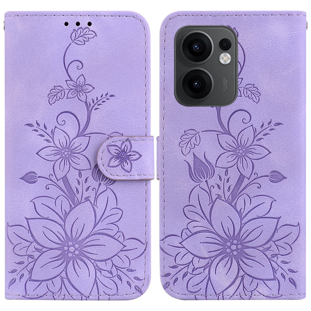 For Oppo Reno13 F 5G Case Lily Flower Imprint Leather Phone Cover with Stand - Purple
