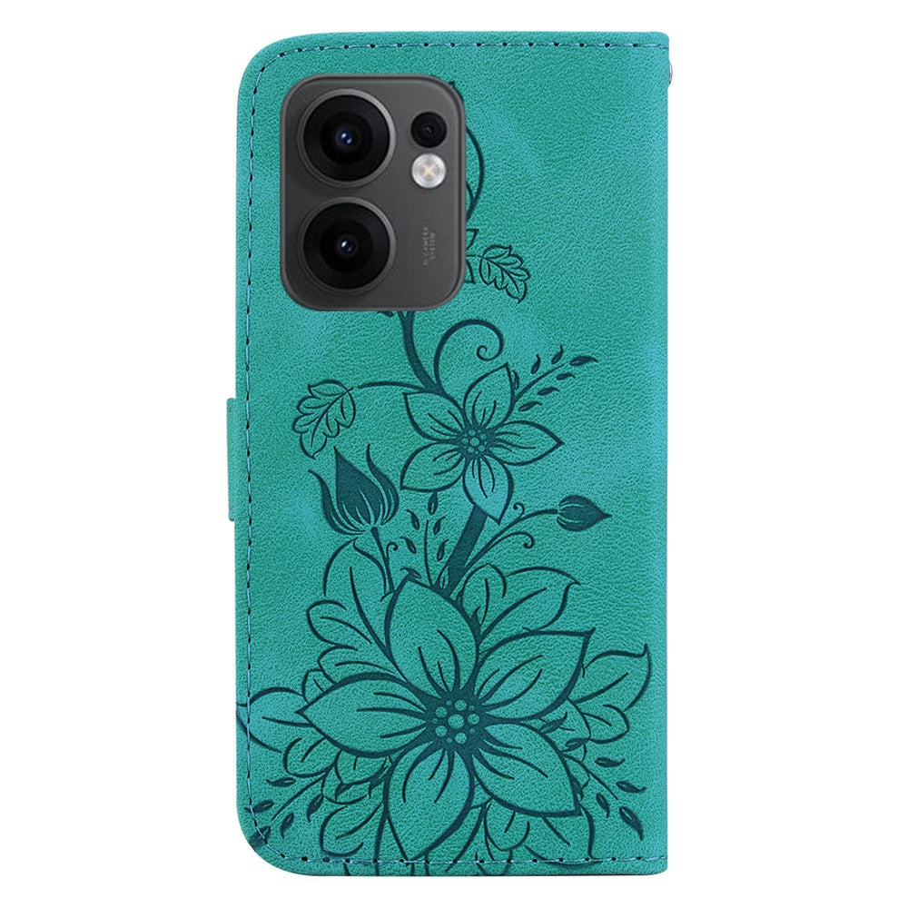 For Oppo Reno13 F 5G Case Lily Flower Imprint Leather Phone Cover with Stand - Green