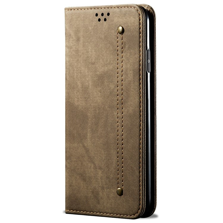 For Samsung Galaxy M06 5G / F06 5G Case Jeans Cloth Texture Anti-Scratch Leather Stand Phone Cover - Khaki
