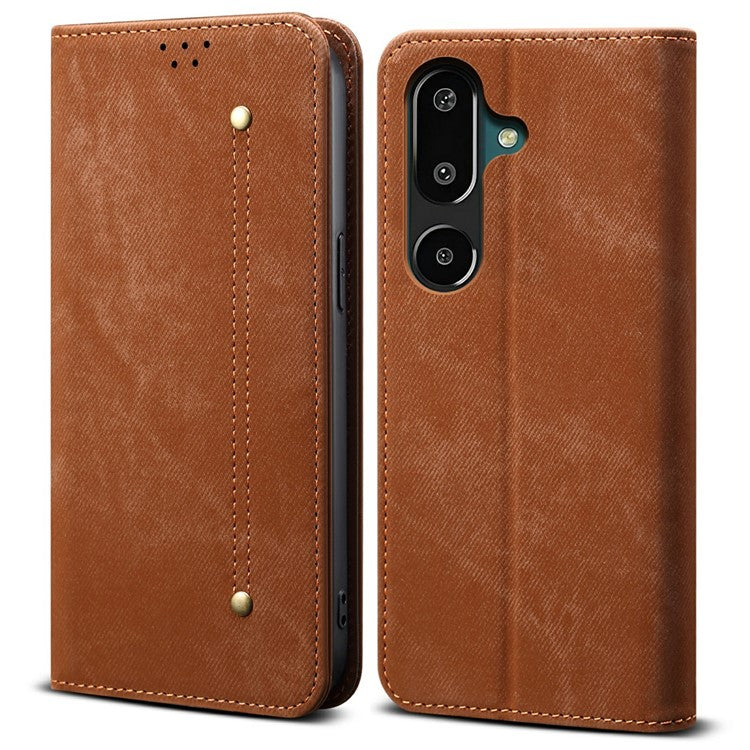 For Samsung Galaxy M16 5G / F16 5G Case Jeans Cloth Texture Anti-Scratch Leather Stand Phone Cover - Coffee