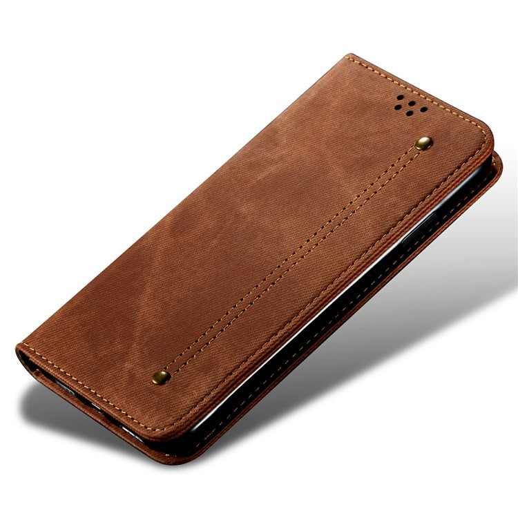 For Samsung Galaxy M16 5G / F16 5G Case Jeans Cloth Texture Anti-Scratch Leather Stand Phone Cover - Coffee