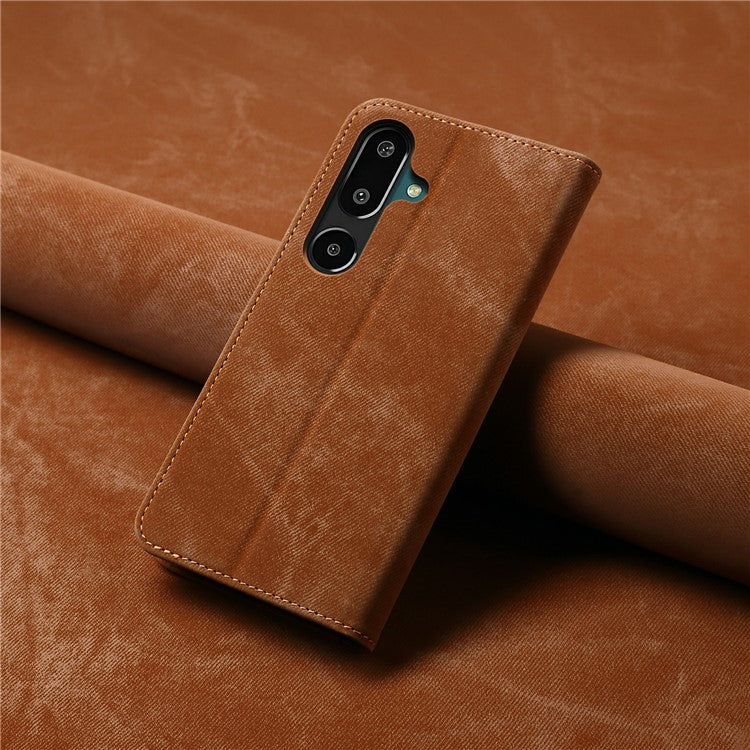 For Samsung Galaxy M16 5G / F16 5G Case Jeans Cloth Texture Anti-Scratch Leather Stand Phone Cover - Coffee