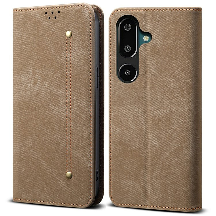 For Samsung Galaxy M16 5G / F16 5G Case Jeans Cloth Texture Anti-Scratch Leather Stand Phone Cover - Khaki