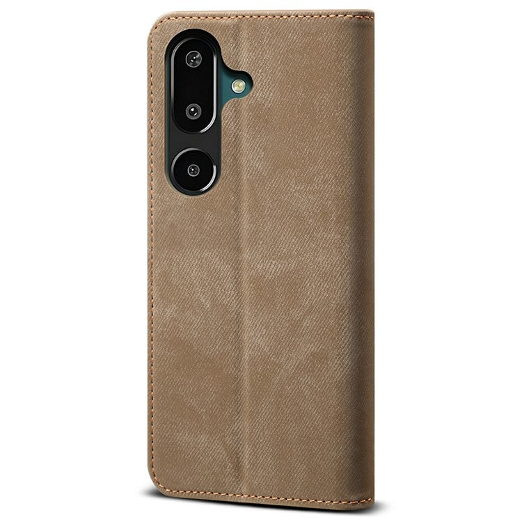 For Samsung Galaxy M16 5G / F16 5G Case Jeans Cloth Texture Anti-Scratch Leather Stand Phone Cover - Khaki